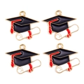 Macro detail of alloy graduation cap charms with red tassels for DIY jewelry making - Doctoral Hat Style (px1066-1) / Gold