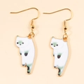Detailed view of white cartoon cat earrings with green enamel on golden alloy hooks - White with Green Pattern Cat Style (px1078-4)