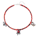 Halloween beaded necklace with red and black beads featuring bat and spider pendants - Spider Web (#1)