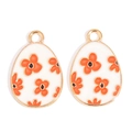 Golden egg pendant charms with white enamel and orange floral patterns for DIY jewelry - White with Orange Flowers Style (px1180-2)