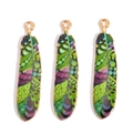 Three feather-shaped alloy pendants with green and yellow geometric drip oil patterns - Green Yellow Purple Polka Dots (px1145-7)