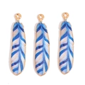 Three elegant blue and white enamel feather pendants with gold plating for jewelry DIY - Blue White Stripe (px1145-8)