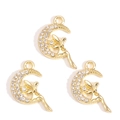 Three gold fairy moon charms with sparkling white crystals for DIY jewelry making - Pearl Moon Fairy Style (px1229-9)