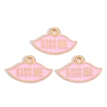 Detailed view of pink lip-shaped enamel charms with gold edges and KISS ME text - Pink Lip Style (px1244-1)