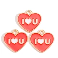 Close-up of red enamel heart charms with I Love You text for DIY jewelry making - Red I ❤️ U Heart Style (px1244-20)