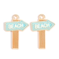 Detail of light blue enamel beach sign pendants with golden alloy plating for DIY crafts - Blue BEACH Signpost Style (px1243-18)