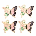 Lot de quatre breloques papillon fleur en émail rose et noir avec base en alliage doré - Style Papillon Patchwork Floral Noir Rose (px1290-14)