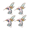 Detail von vier bunten Emaille-Kolibri-Anhängern mit Doppelringen für DIY-Schmuckherstellung - Blauer Kopf Roter Schwanz Stil (px1308-5)