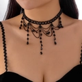 Close-up of Gothic black beaded lace choker with tassel chains and teardrop pendants - Double-layer Black Beaded Chain Tassel Style / Black Crystal