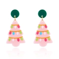 Roze acryl kerstboom oorbellen met feestelijke patronen en groene oorsteker - Roze Lichtjes Kerstboom
