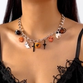 Halloween necklace with pumpkin, ghost, and skull charms on a chunky silver chain - Halloween Charms Thick Chain Style (NC25Y0718) / Silver