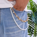 Double-layer hip-hop trousers chain with white pearls and gold clover charms on blue jeans - Gold Clover Pearl Chain