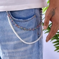 Double-layer pant chain featuring white faux pearls and colorful rhinestone beads - Multicolor Rhinestone Ball Pearl Chain