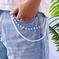 Hip hop double-layer pants chain with white pearls and sparkling rhinestone balls - White Rhinestone Ball Pearl Chain