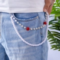 Hip hop pearl trousers chain with silver diamond balls and red decorative beads - Red Rhinestone Ball Pearl Chain