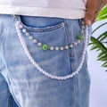 Hip-hop dual-layer trouser chain with white faux pearls and green rhinestone disco balls - Green Rhinestone Ball Pearl Chain