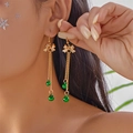 Christmas bow tassel earrings with green bells on golden chains for women - Green Tassel Style