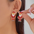 Christmas Santa Claus stud earrings with red enamel and pearl details worn by a model - 圣诞老人红色滴油围仿珍珠颗粒款