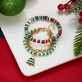 Three-piece Christmas bracelet set with red and white clay beads and a green tree charm - Red Green White Christmas Tree Style