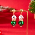 Christmas snowman drop earrings with white pearl face and green metallic tree bead - Green Snowman