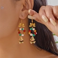 Christmas beaded hoop earrings with golden bow, colorful pearls, and bell charms - Christmas Bell Pendant Wreath Style (ER25Y0459-4)