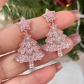 Rose gold Christmas tree earrings with pink rhinestones for festive holiday jewelry - Christmas Tree Drop Earrings (#ER24Y0574) / Rose Gold