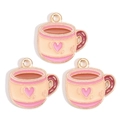 Three pink enamel coffee cup charms with red hearts and gold trim for jewelry making - Light Nude Pink Coffee Cup Style (px1244-65)