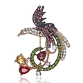 Macro detail of Phoenix brooch with colorful crystals and teardrop gemstones on white background - Gold Alloy Multicolor Crystal Phoenix Style (16BC205)