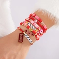Meerlaagse roze kralenarmbandset met LOVE en XOXO hartvormige bedeltjes - Rood Gouden Bloem