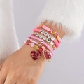 Roze meerlaagse stretch armbandset met LOVE en HEART kralen en hartvormige bedeltjes - Zwarte Polka Dot