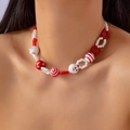 Feestelijke rood-witte kerstketting met kralen en hangers van sneeuwpoppen en snoepjes - Halsketting Rood (NC25Y0931-1)
