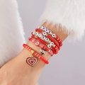 Bracelet extensible multicouche rose avec pendentif cœur et perles lettres LOVE KISS - Beige Géométrique