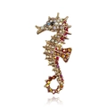 Detailed view of vintage gold seahorse brooch with colorful inlaid crystals and black eye - Retro Gold Multicolor Crystal Inlaid Seahorse Style (BC18Y0193-2)