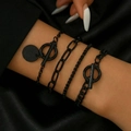 Multi-layer black matte alloy bracelet set featuring OT buckle and round pendant - 4-Piece Black Bracelet Combination (BR26Y0045)