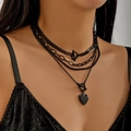 Multi-layer black alloy necklace with heart pendant and OT buckle in a chic dark style - Black Heart Pendant Layered Necklace (NC25Y1042-1)