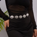 Bohemian style silver waist chain with vintage engraved circular link pendants - Retro Hollow Ball Relief Style (BJ25Y0099-2) / Silver