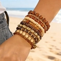Bohemian beaded stretch bracelet set with warm brown wood and golden metallic accents - Style 2 / 10 Pieces Pack