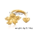Adjustable golden stainless steel ring featuring 3D flower and solid heart charms - Flower Heart Open Style (RI25Y0160-11)