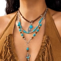 Boho-Mehrlagen-Halskette Set mit Türkis-Steinen und Kaktus-Anhänger für Damen - Cowboy Türkis Kaktus Halsketten Set (6146748939570)
