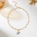 Collar bohemio de doble capa con perlas y colgante de estrella de mar rosa y azul oro - Esmalte Estrella de Mar de Retazos