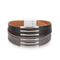 Multi-layer leather bracelet with silver magnetic clasp and polished metal tubes - Black and Gray