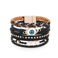 Bracciale multistrato in pelle stile boho con ciondolo occhio blu e perle eleganti - Nero