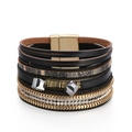 Bracelet manchette bohème multicouche en cuir noir avec cristaux et fermoir aimanté - Noir Or (SZ00158-4)