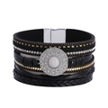 Bohemian multi-layer leather bracelet with crystal rhinestones and magnetic buckle - Black