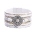 Bohemian multi-layer wrap bracelet with white leather, silver chains and crystals - White
