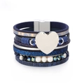 Detail of bohemian multilayer leather bracelet with silver heart charm and magnetic clasp - Blue (SZ00161-3)
