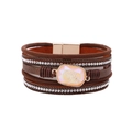Detail of bohemian layered brown leather bracelet with crystal stones and magnetic clasp - Brown (SZ00205-2)