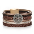 Multilayer bohemian leather wrap bracelet with silver flower of life charm and magnetic clasp - Coffee (SZ00259-5)