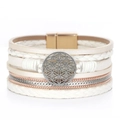 Macro view of bohemian multi-layer leather bracelet with flower of life charm and magnetic clasp - Off-white (SZ00259-2)