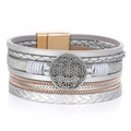Detail of bohemian leather bracelet with metallic discs and flower of life charm - Gray (SZ00259-4)